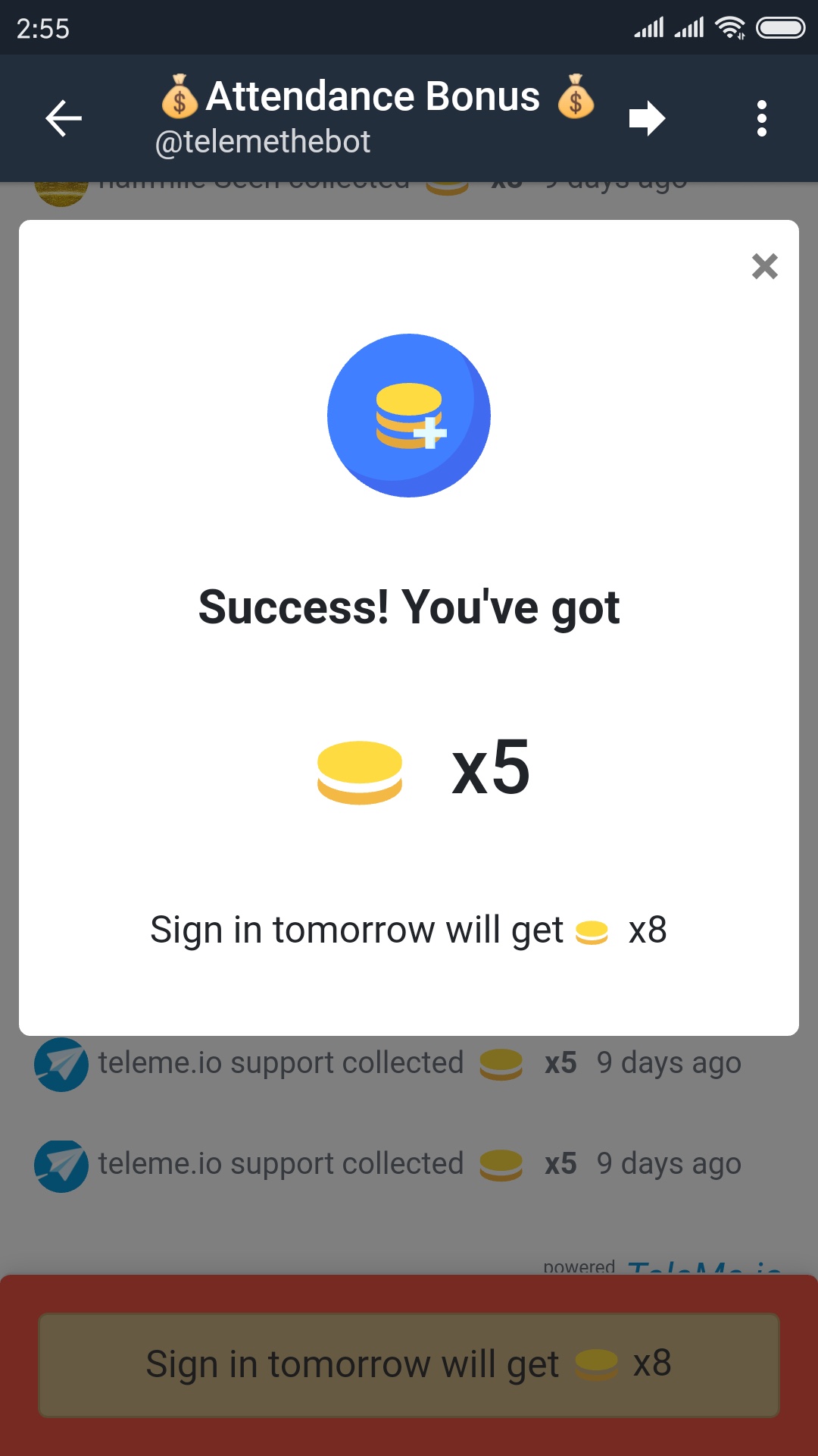 a screenshot of collecting attendance bonus