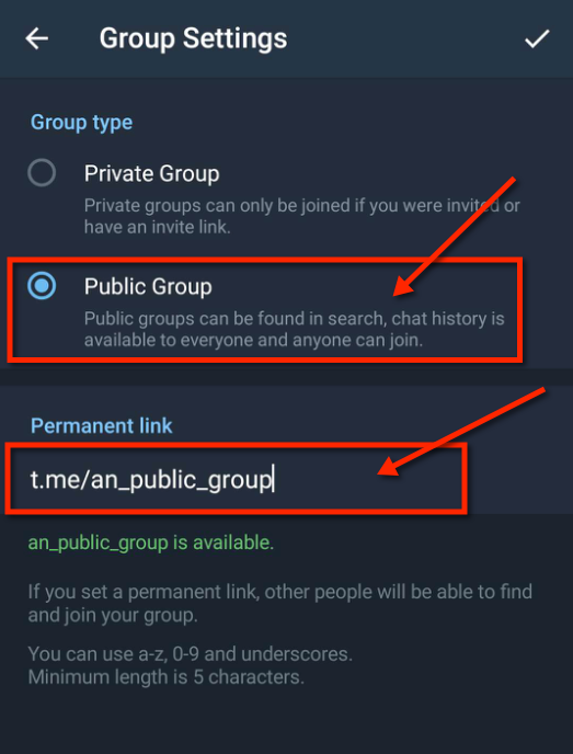Définir le nom d'utilisateur public du groupe